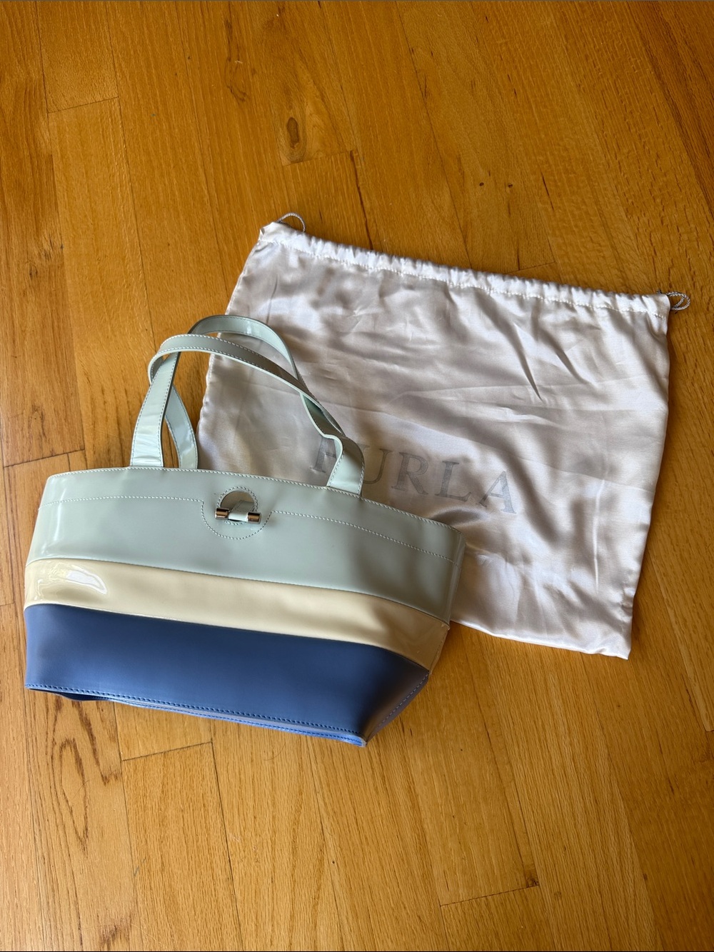 Furla Tri-Stripe Patent Leather Tote in Sky blue, Cream & Blue
